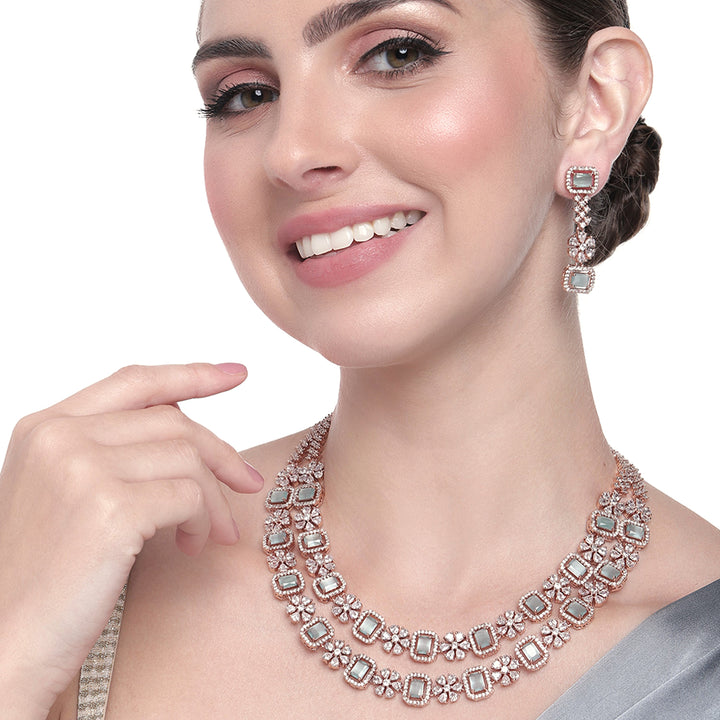Estele Rose Gold Plated CZ Ravishing Necklace Set with Mint Green Stones for Women