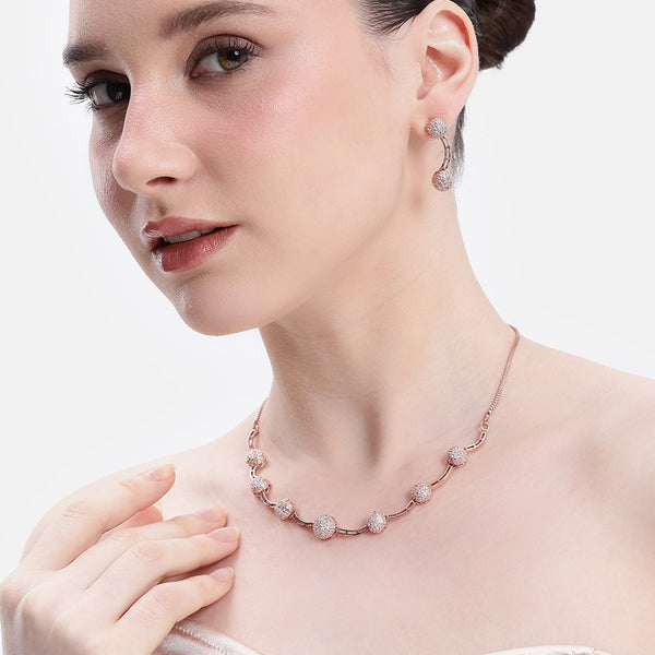 Rosegold Textured Ball CZ Necklace Set