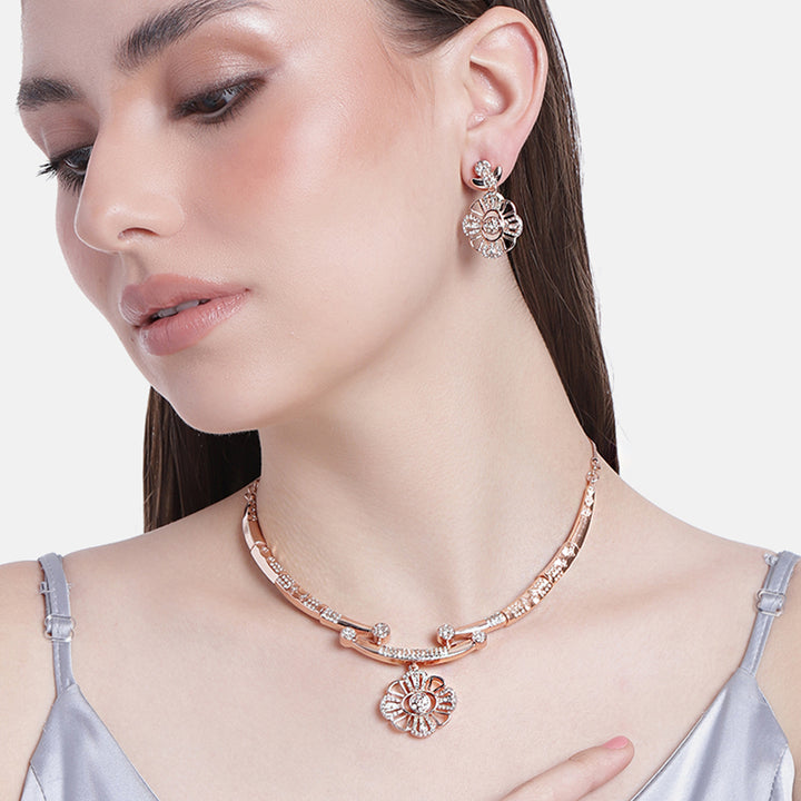 Estele Rose Gold Plated CZ Floral Designer Necklace Set for Women
