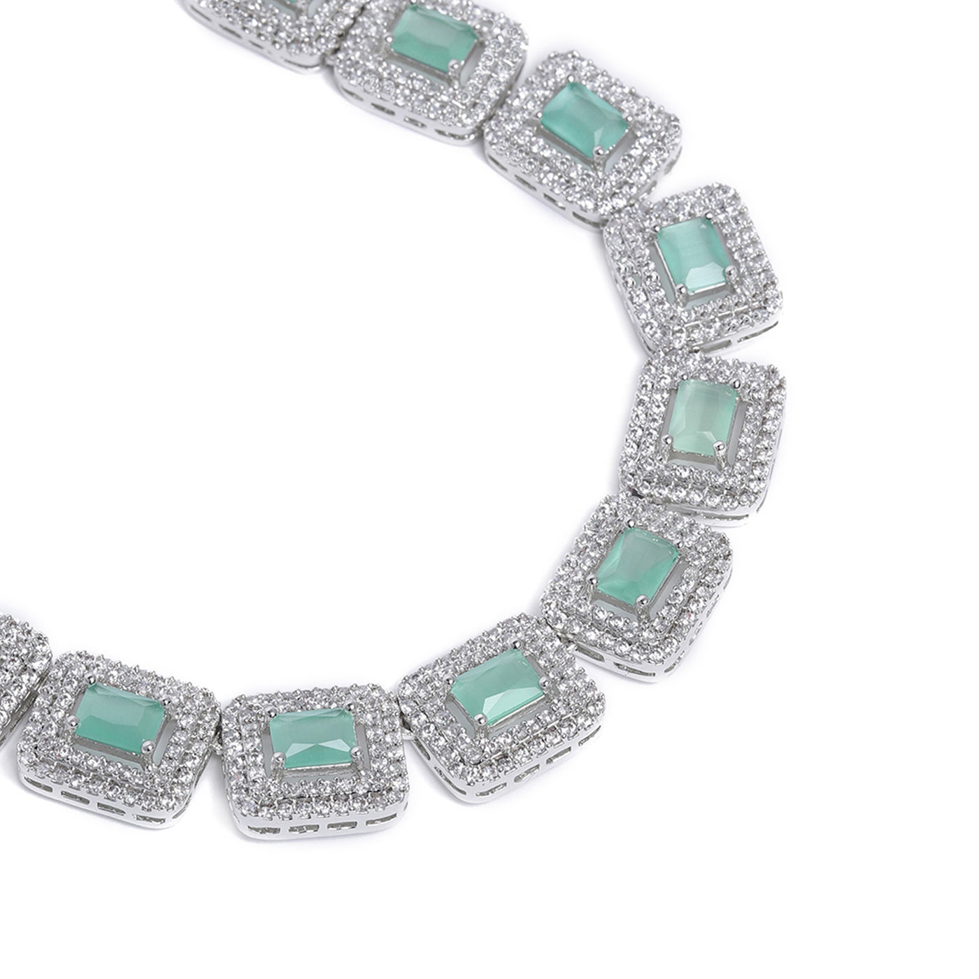 Estele Rhodium Plated CZ Fascinating Necklace Set with Mint Green Crystals for Women