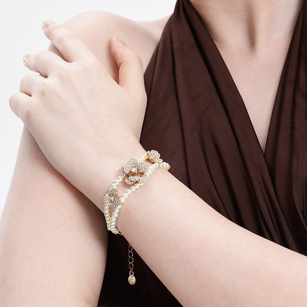 Two Line Pearl Floral Bracelet