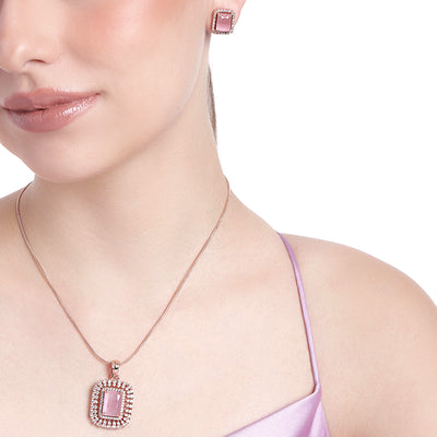 Estele Rose Gold Plated CZ Sparkling Square Designer Pendant Set with Mint Pink Crystals for Women