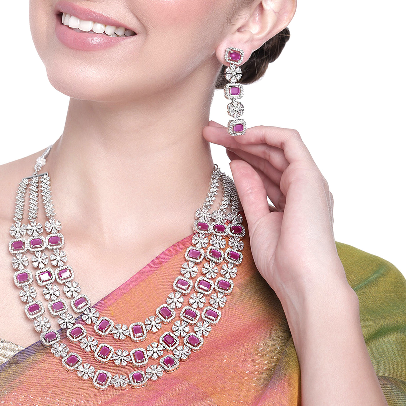 Estele Rhodium Plated CZ Fascinating Three Layered Dulhan Necklace Set with Ruby Stones for Women