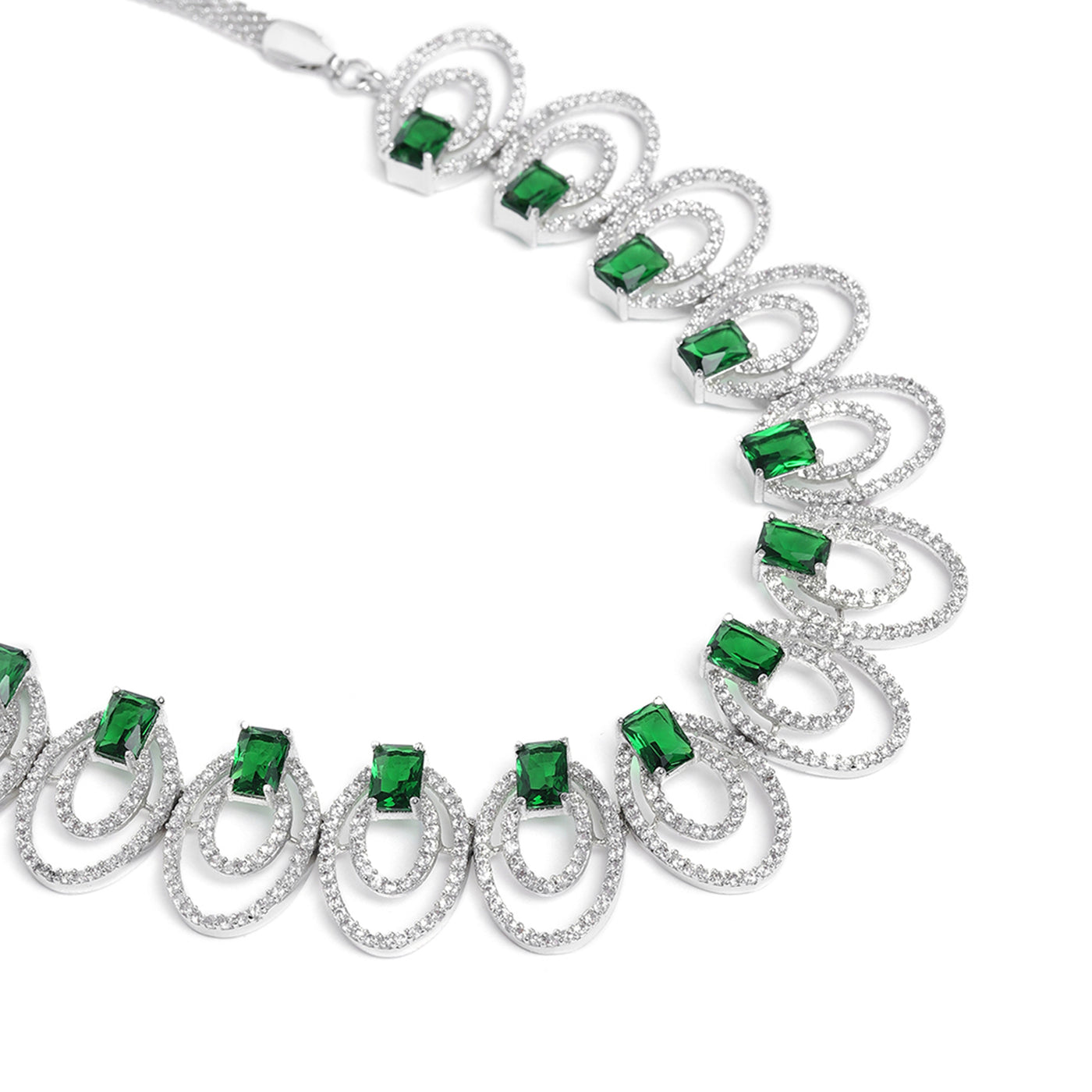 Estele Rhodium Plated CZ Circular Designer Necklace Set with Green Crystals for Women