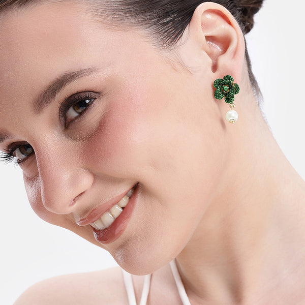 Green Crystal Floral Pearl Earrings