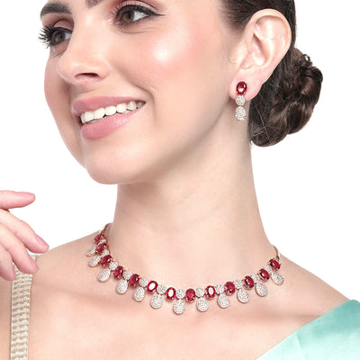 Estele Rose Gold Plated CZ Dazzling Necklace Set with Tourmaline Pink & White Stones for Girls & Women's