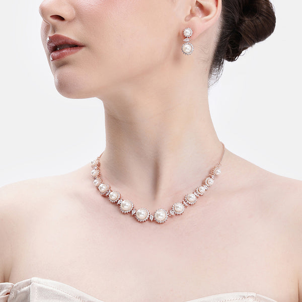 Rosegold Double Round Pearl Necklace Set