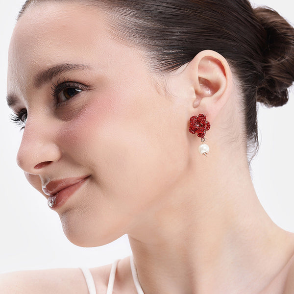 Ruby Red Floral Pearl Earrings
