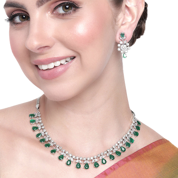 Estele Rhodium Plated CZ Glamorous Necklace Set with Green Stones for Women