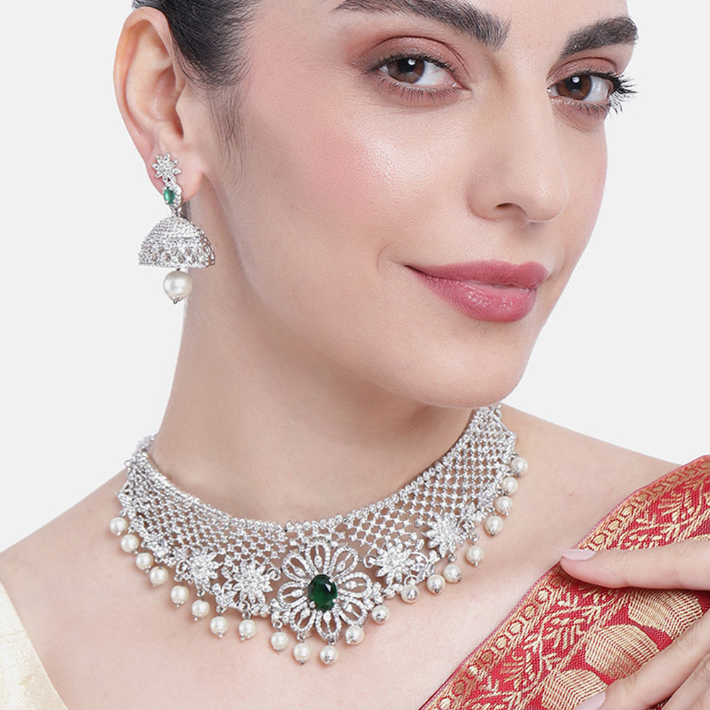 Rhodium Plated CZ Floral Designer Bridal Choker Necklace set with