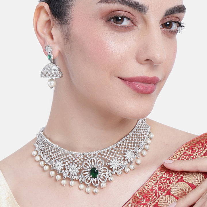 Estele Rhodium Plated CZ Floral Designer Bridal Choker Necklace set with Pearl & Color Stones for Women
