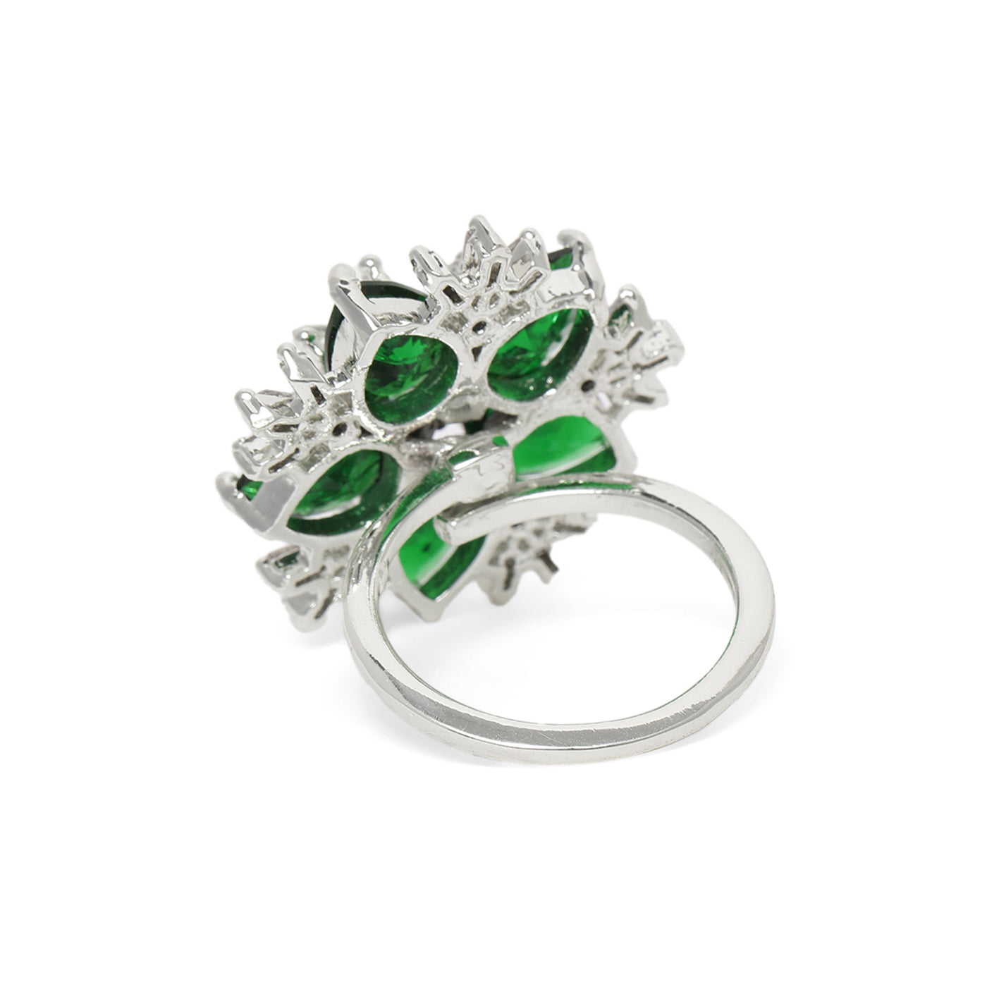 Estele Rhodium Plated CZ Captivating Floral Finger Ring with Green Stones for Women(Adjustable)