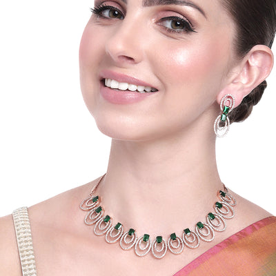 Estele Rose Gold Plated CZ Magnificent Necklace Set with Emerald Crystals for Women