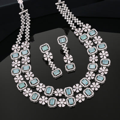 Estele Rhodium Plated CZ Astonishing Double Layered Necklace Set with Mint Green and White Crystals for Women