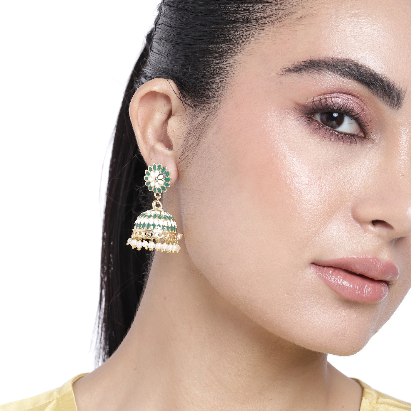 Estele Gold Plated Traditional Green Meenakari Jhumka Earrings with Pearls for Women