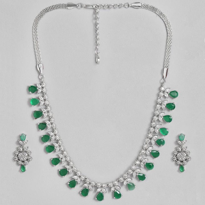 Estele Rhodium Plated CZ Glamorous Necklace Set with Green Stones for Women