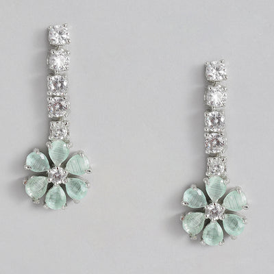 Estele Rhodium Plated CZ Flower Designer Drop Earrings with Mint Green Stones for Women