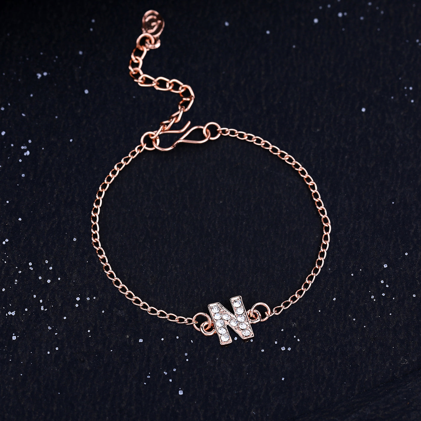 Estele Rose Gold Plated Captivating Medium 'N' Letter Bracelet with Crystals for Women