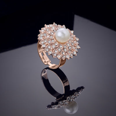 Estele Rose Gold Plated Adjustable Flower Designer Finger Ring with Crystals for Women