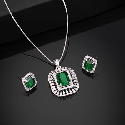 Estele Rhodium Plated CZ Sparkling Square Designer Pendant Set with Emerald Stone for Women