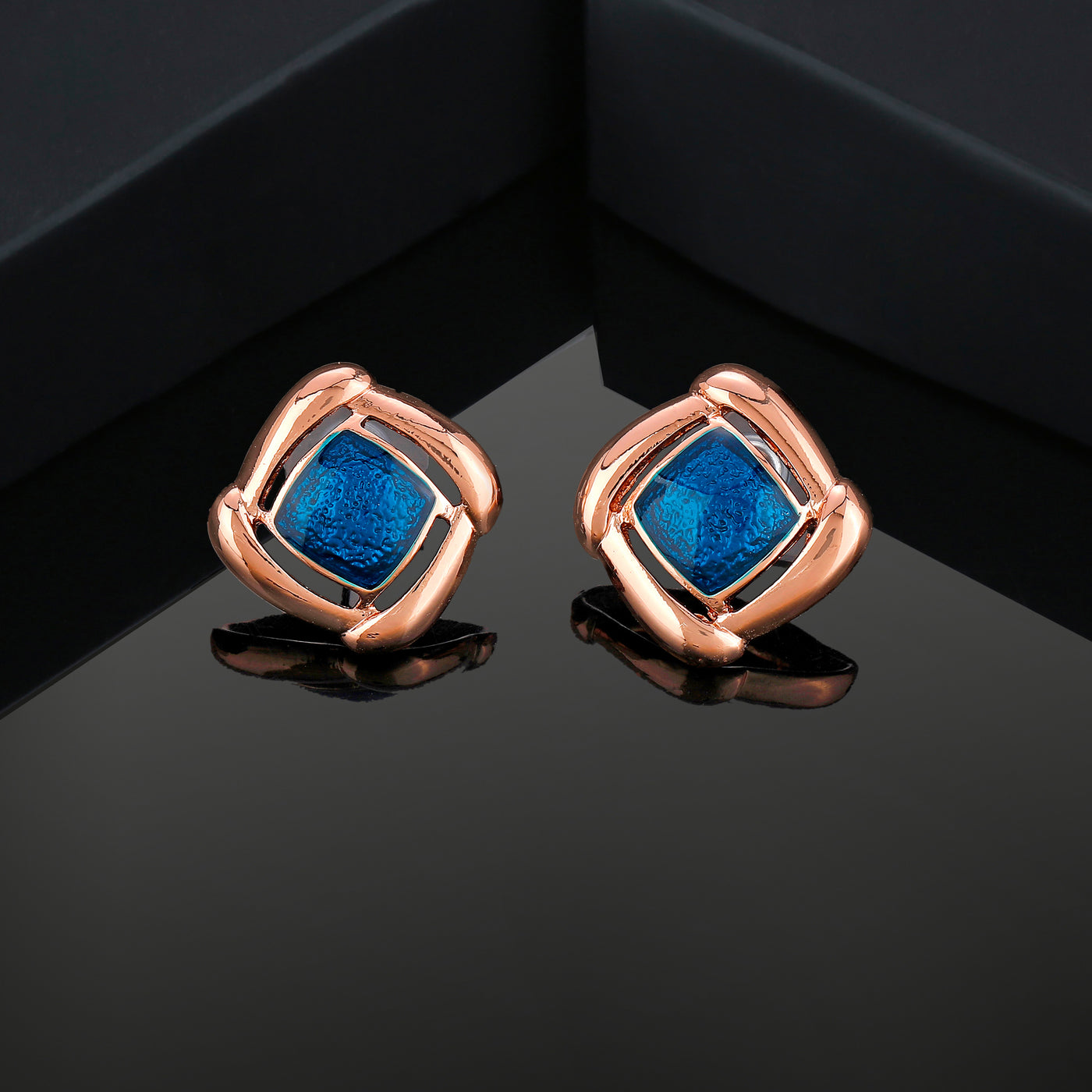 Estele Rose Gold Plated Mosaic Pattern Stud Earrings with Blue Enamel for Women