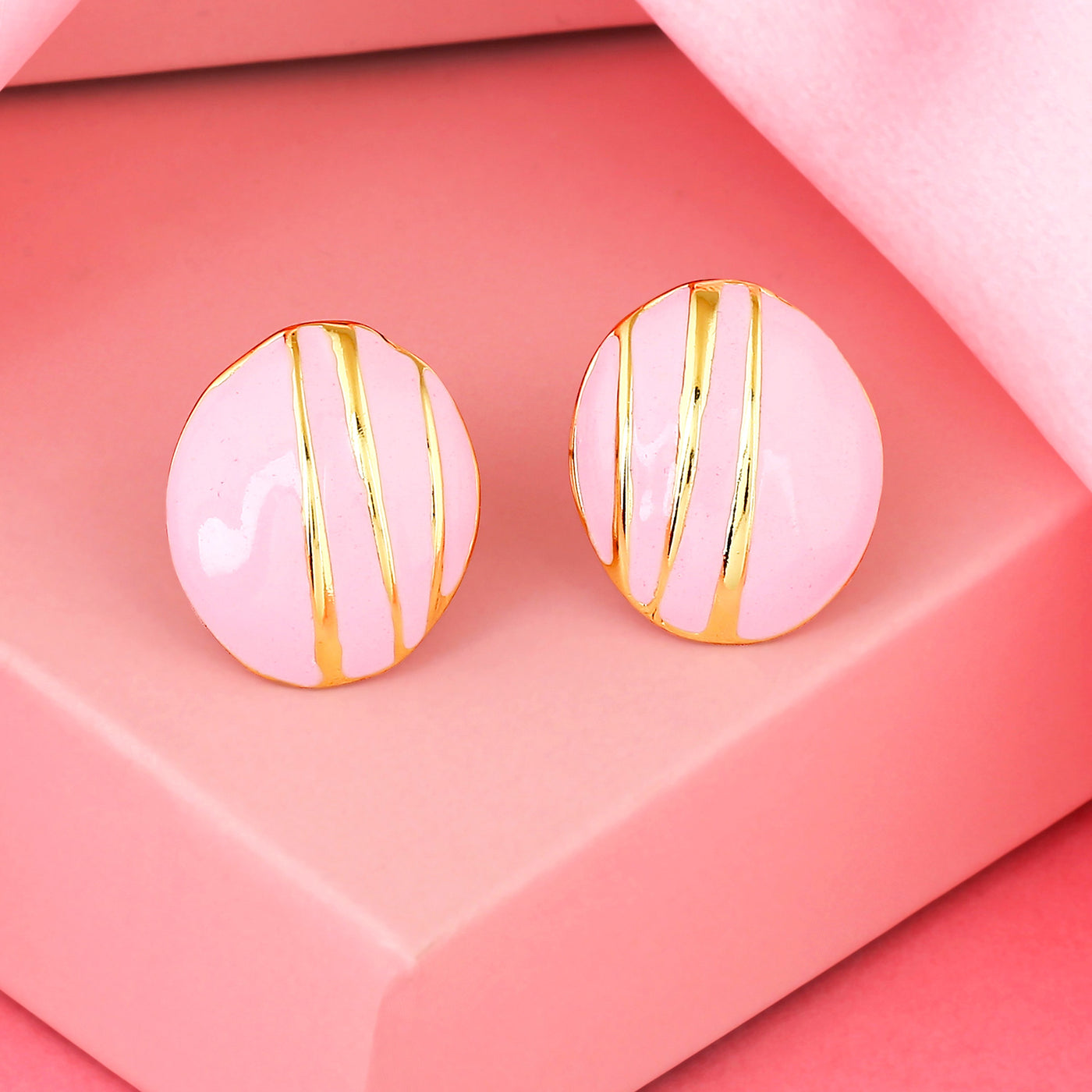 Estele Non-Precious Metal Gold Plated Pink pebble pinstripe Stud Earrings for women