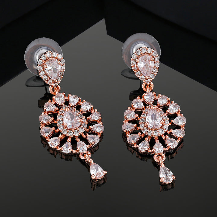 Estele Rose Gold Plated CZ Flower Designer Drop Earrings for Women