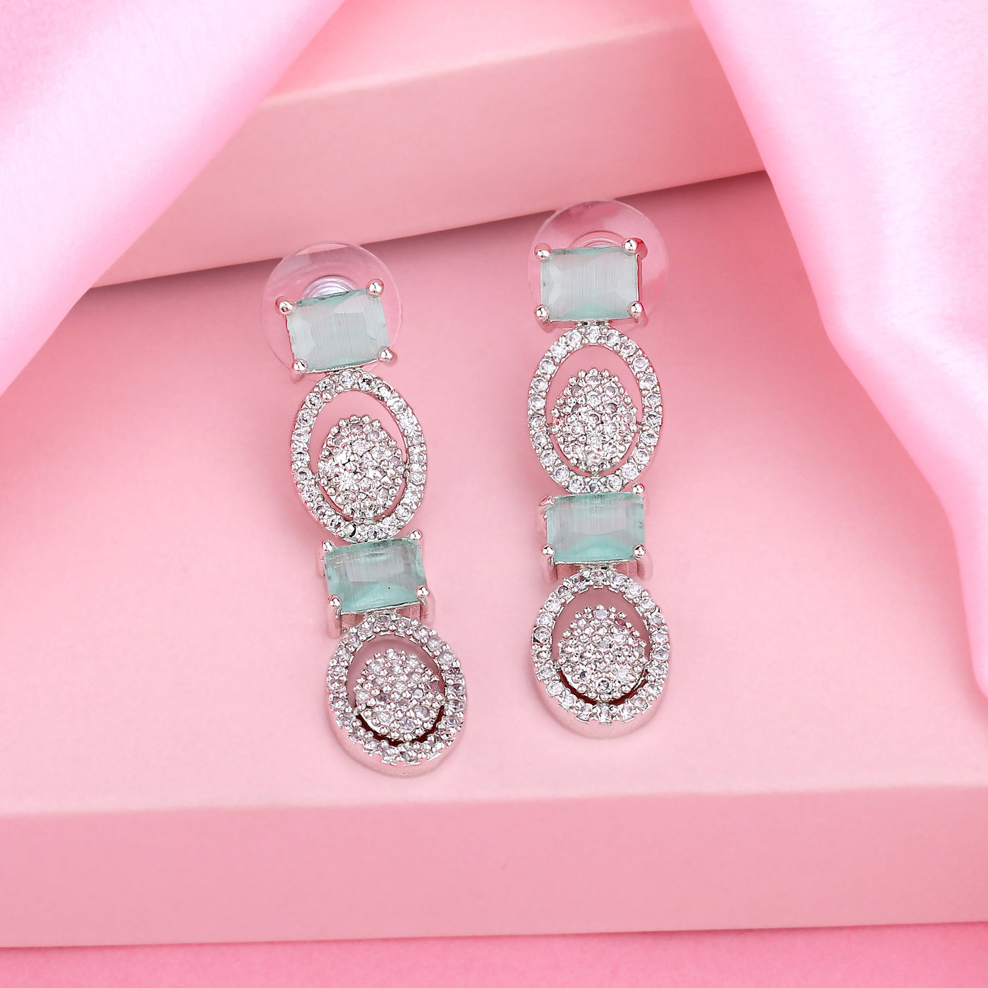 Estele Rhodium Plated CZ Amore Designer Earrings with Mint Green Crystals for Women