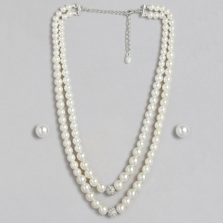 Estele Rhodium Plated Glittering Double Line Pearl Necklace Set for Women