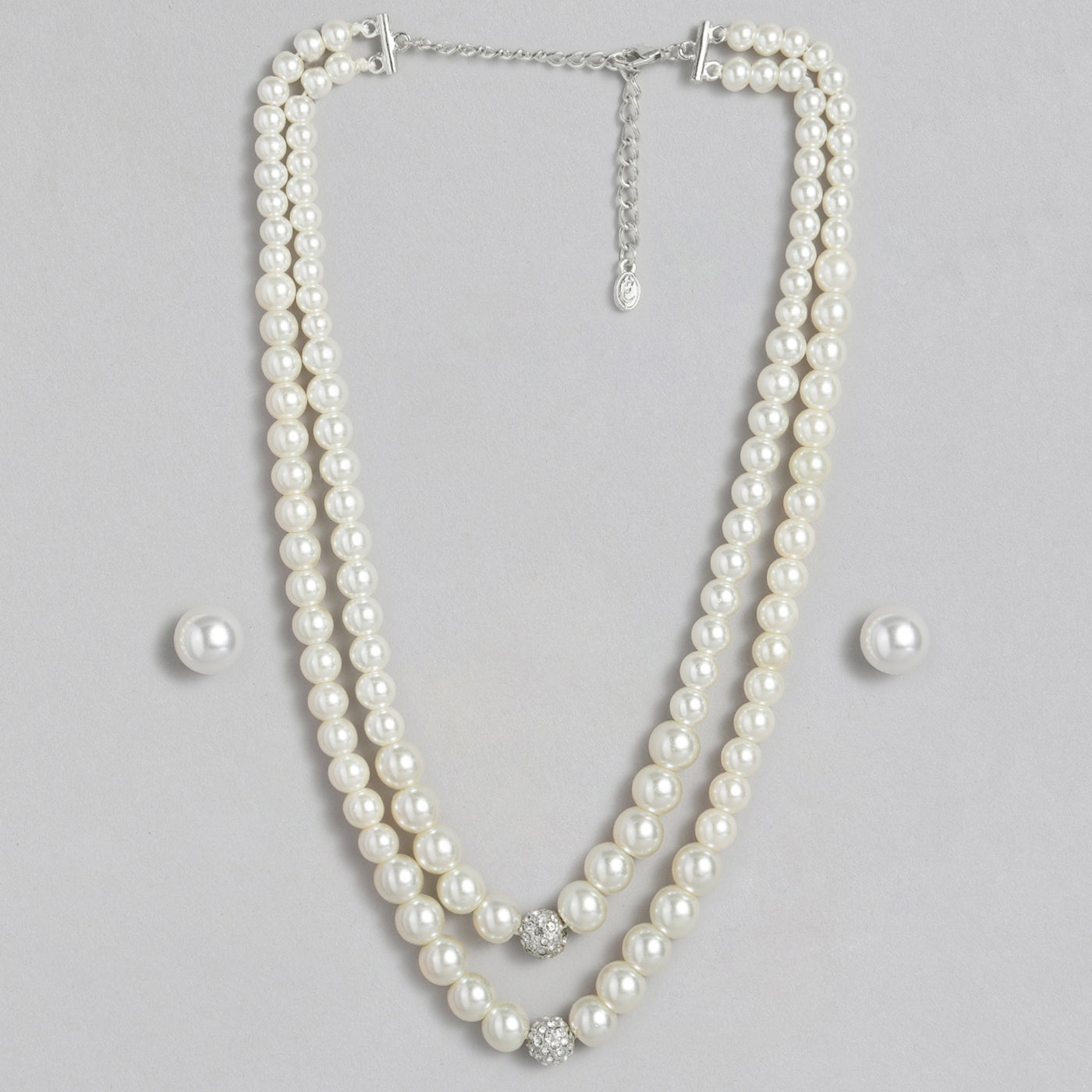 Estele Rhodium Plated Glittering Double Line Pearl Necklace Set for Women
