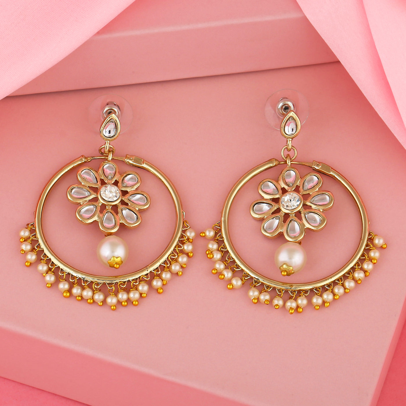 Estele Gold Plated Traditional Chandbali Earrings with Pearl & Kundan for Women