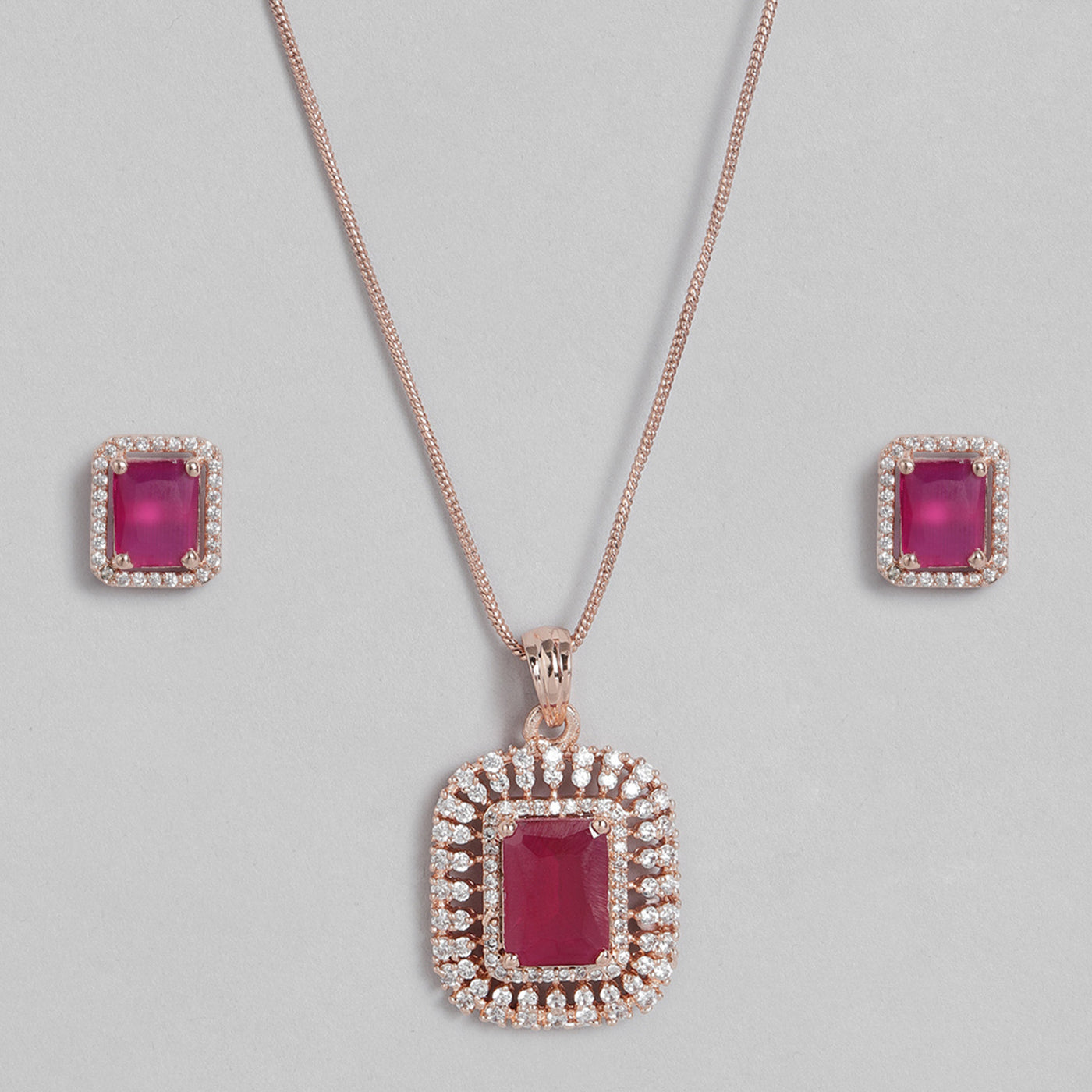 Estele Rose Gold Plated CZ Sparkling Square Designer Pendant Set with Ruby Stone for Women