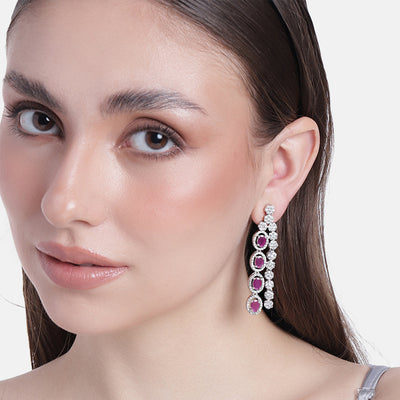 Estele Rhodium Plated CZ Fascinating Drop Earrings with Ruby Crystals for Women