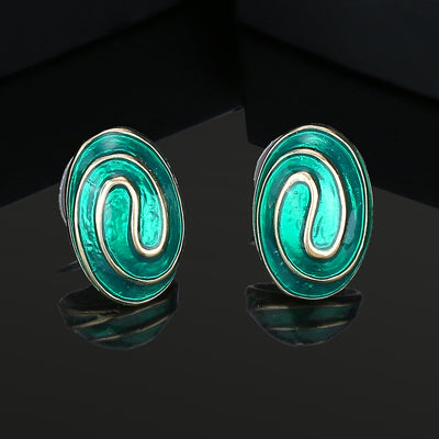 Estele Gold Plated blue green enamel swirl oval Stud Earrings