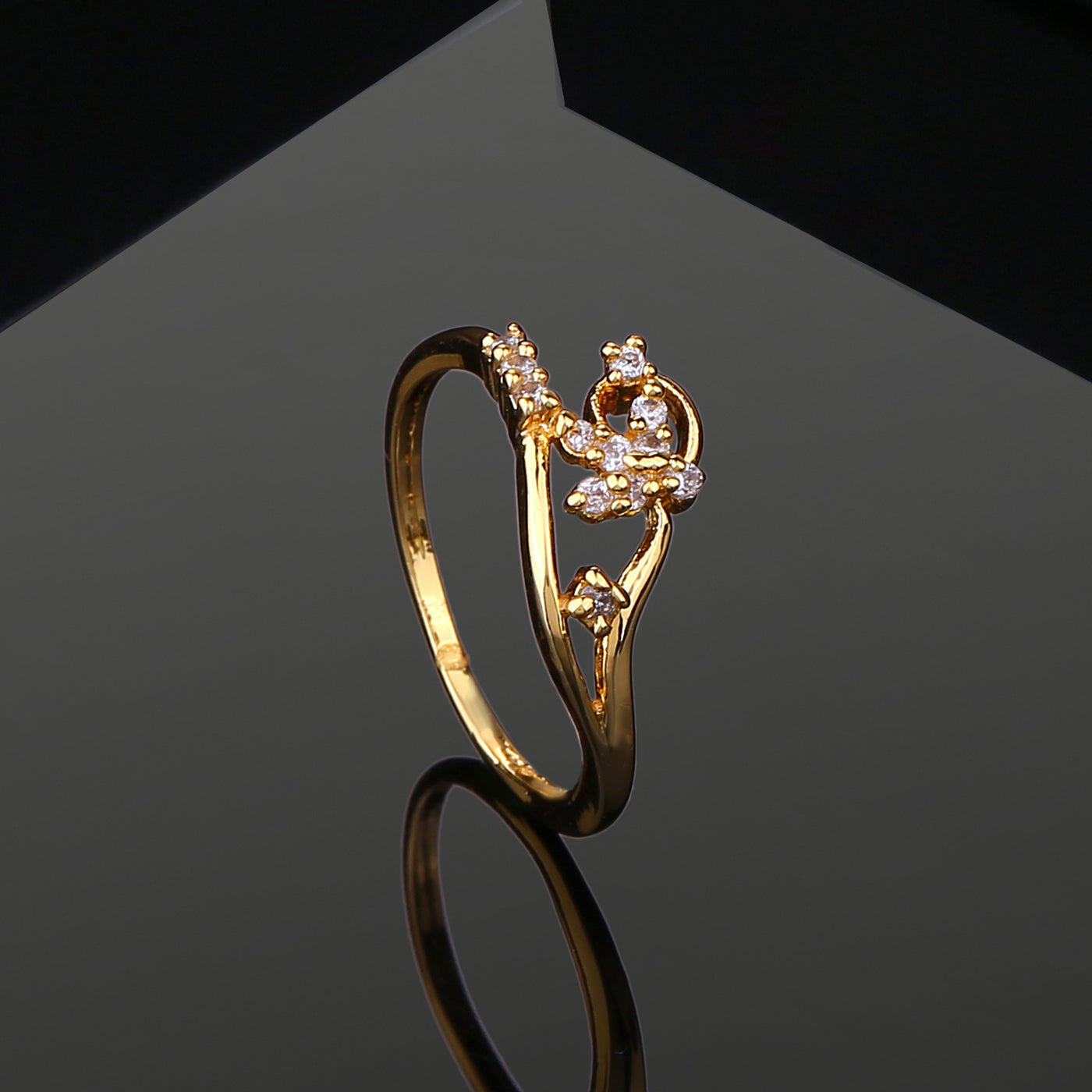 Estele Gold Plated CZ Flower Designer Finger Ring for Women