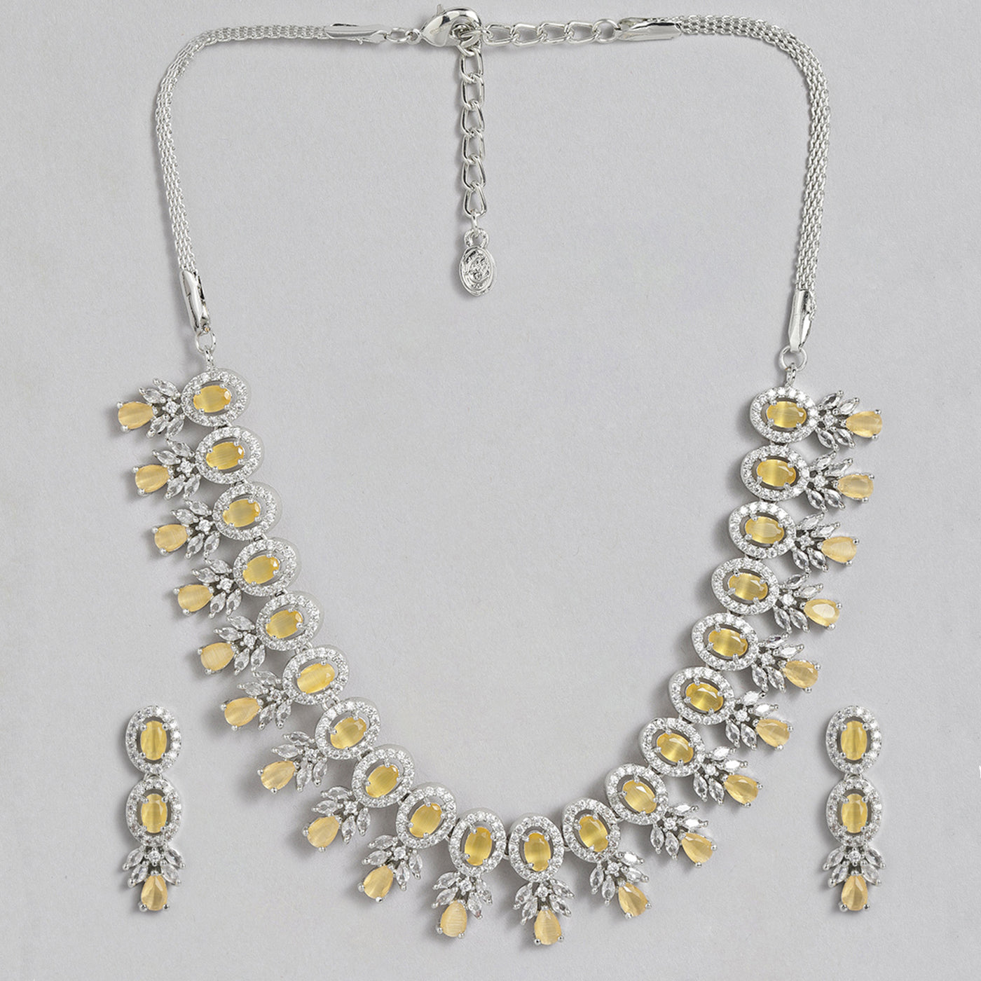 Estele Rhodium Plated CZ Exquisite Necklace Set with Mint Yellow Stones for Women