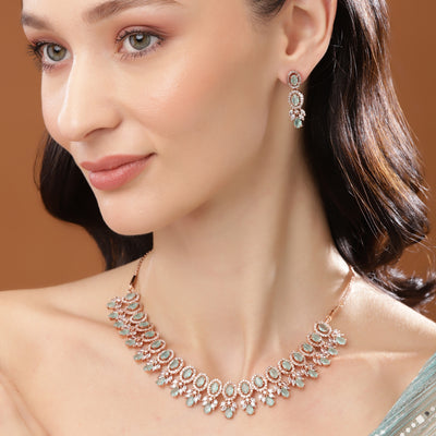 Estele Rose Gold Plated CZ Fascinating Necklace Set with Mint Green Stones for Women