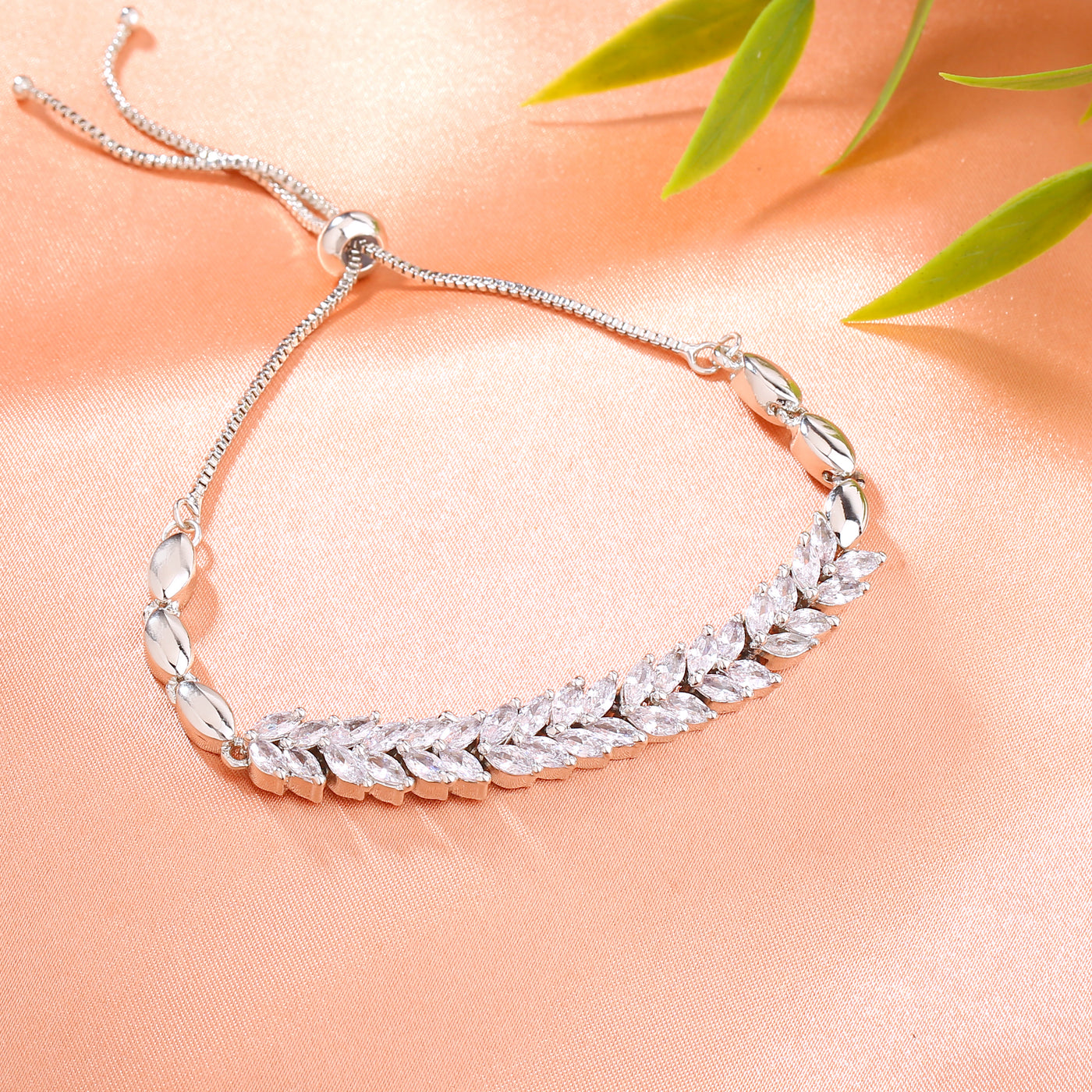 Estele Rhodium Plated CZ Leaf Designer Bracelet for Women