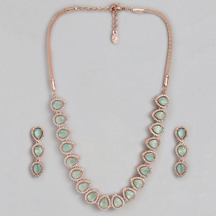 Estele Rose Gold Plated CZ Stunning Tear Drop Necklace Set with Mint Green & White for Girls & Women's