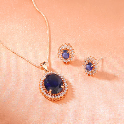 Estele Rose Gold Plated CZ Round Designer Pendant Set with Blue Stones for Women