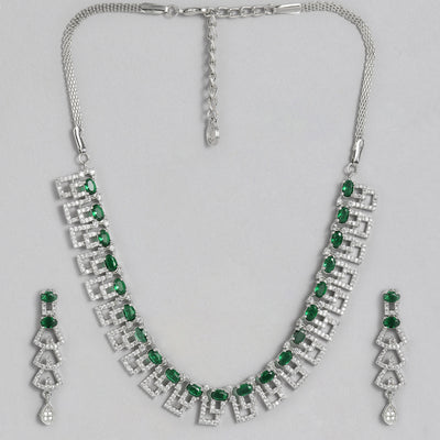 Estele Rhodium Plated CZ Sparkling Necklace Set with Green Stones for Women