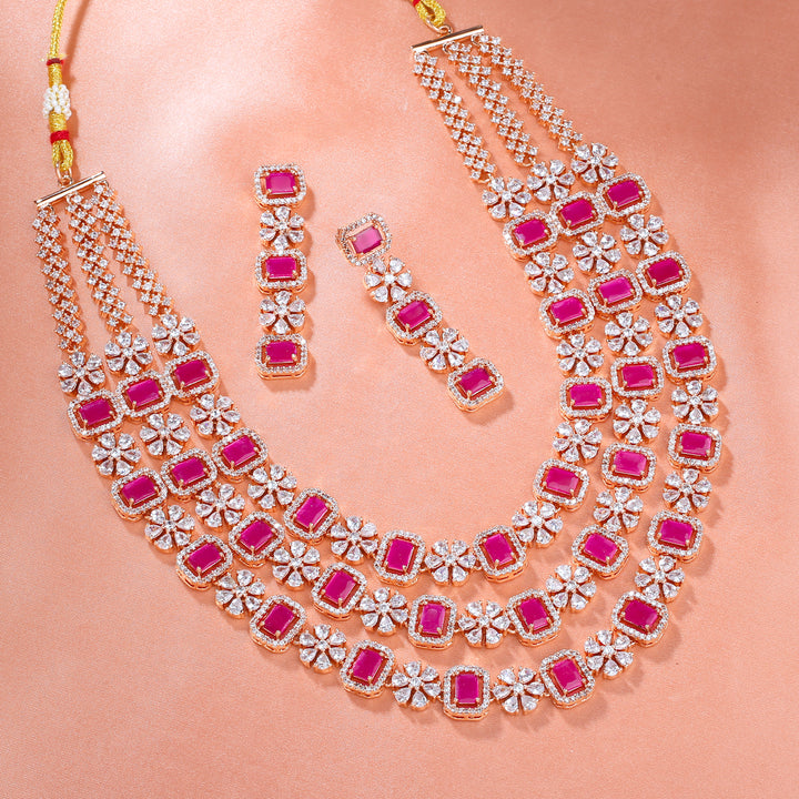 Estele Rose Gold Plated CZ Dazzling Three Layered Dulhan Necklace Set with Ruby Stones for Women