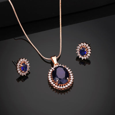 Estele Rose Gold Plated CZ Round Designer Pendant Set with Blue Stones for Women