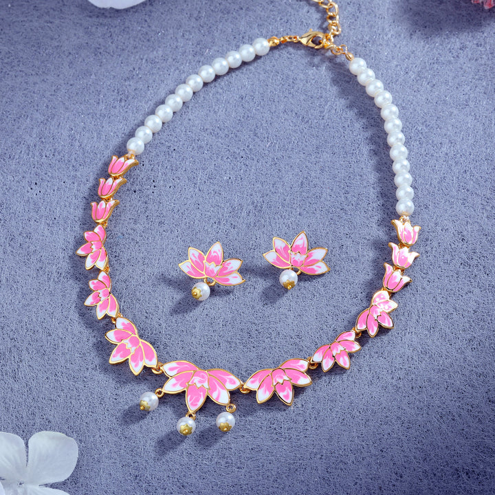 Estele Gold Plated Fascinating Lotus Designer Pearl Necklace Set with Pink Enamel for Girl's & Women