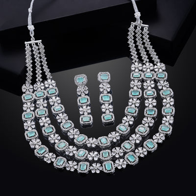 Estele Rhodium Plated CZ Magnificent Necklace Set with Mint Green Crystals for Women