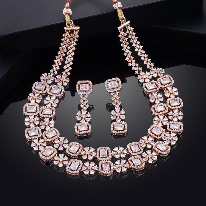 Estele Rose Gold Plated CZ Fascinating Double Layered Necklace Set with White Crystals for Women