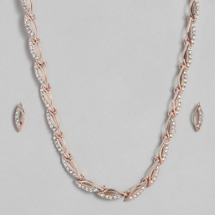 Estele Rose Gold Plated Leaf Designer Necklace Set with Crystals for Women