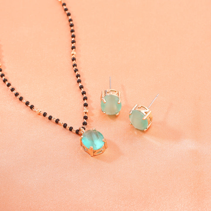 Estele Rose Gold Plated CZ Round Designer Necklace Set with Mint Green Stones for Women
