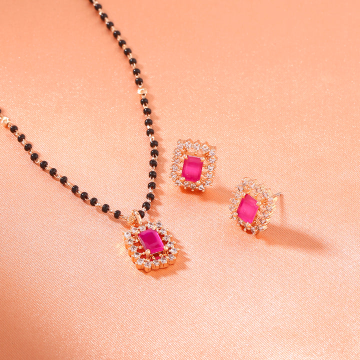 Estele Rose Gold Plated CZ Square Designer Mangalsutra Necklace Set with Ruby Stones for Women