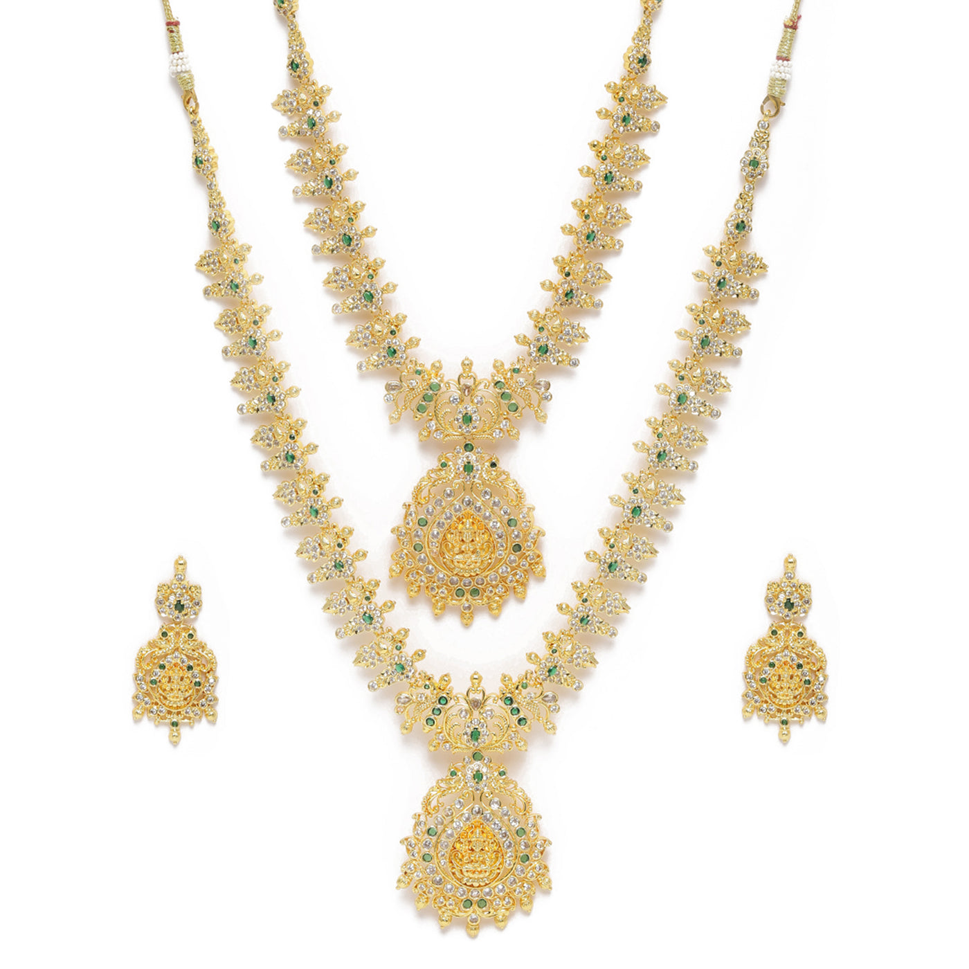 Estele Gold Plated CZ Divinity Laxmi Ji Designer Bridal Short & Long Necklace set with Green Stones for Women